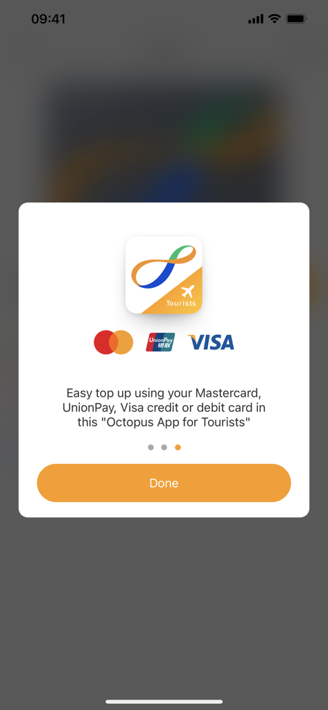 Octopus for Tourists - Octopus for Tourists app screen showing easy top up options with Mastercard, UnionPay and Visa credit or debit cards
