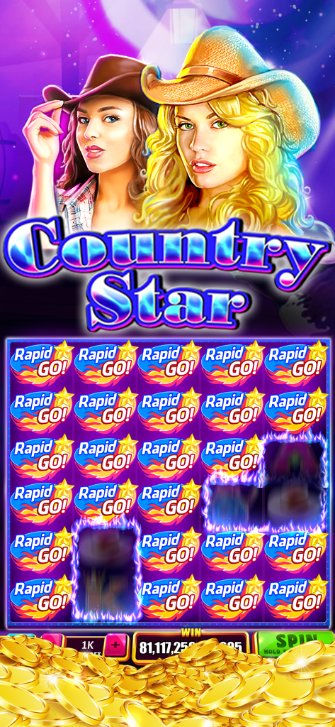 Interfaz de juego de máquina tragaperras móvil para la temática Country Star con personajes de vaqueras y grandes pilas de monedas de oro.