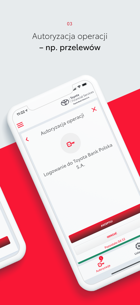Oberfläche der Toyota Bank Mobile-App, die einen Transaktionsautorisierungsbildschirm mit Akzeptieren- und Ablehnen-Optionen sowie einem Sicherheitsschlüsselsymbol anzeigt