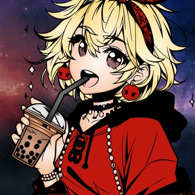 hot baddie anime girl drinking boba and biting the straw