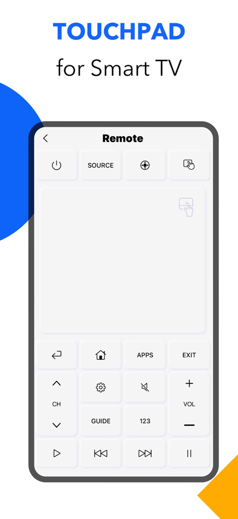 Digital remote control and touchpad interface for smart TV navigation on a smartphone screen.