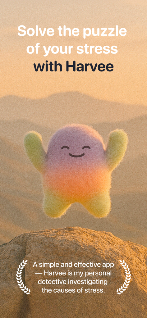 Watch Stress Monitor Harvee - Personnage amical et duveteux au sommet d'une montagne représentant l'application Harvee Stress Monitor