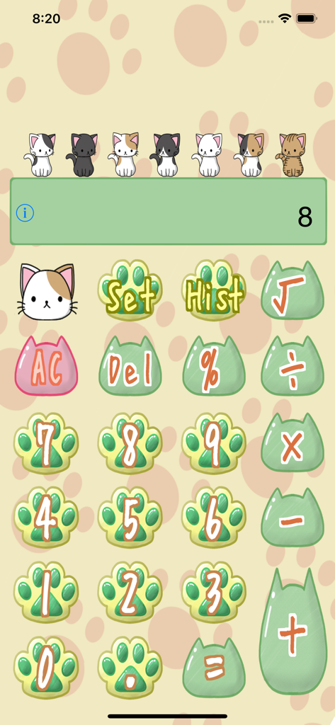 Interfaz de calculadora Kawaii con botones en forma de pata de gato e ilustraciones de lindos felinos