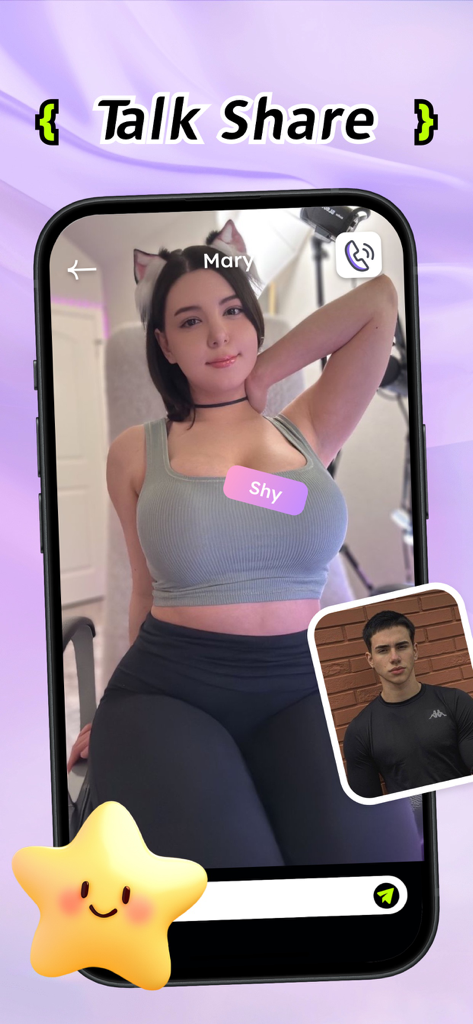 Lovint app screenshot showing the Talk Share interface with a user profile and voice call option