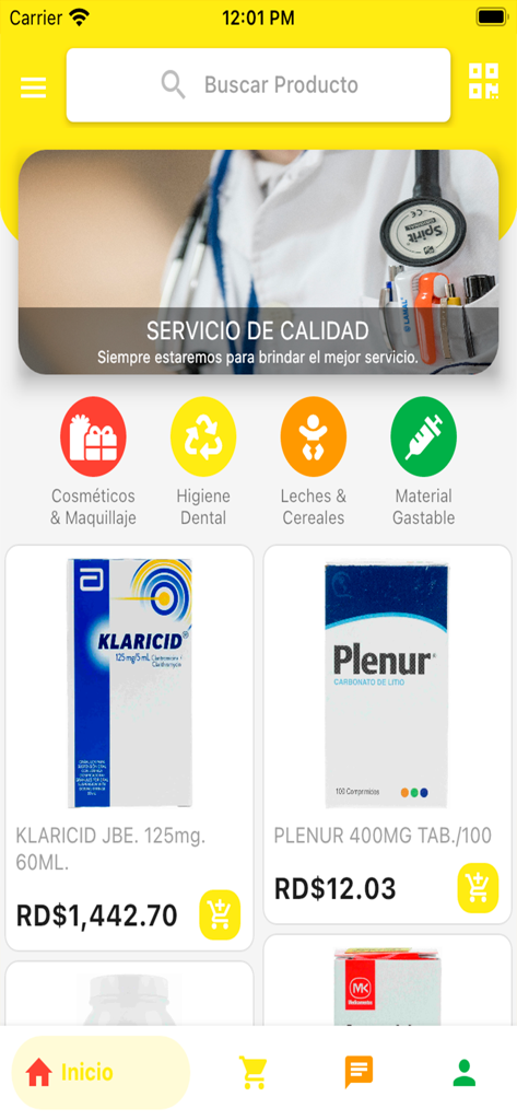 Farmacias El Sol app home screen showing product categories and medications
