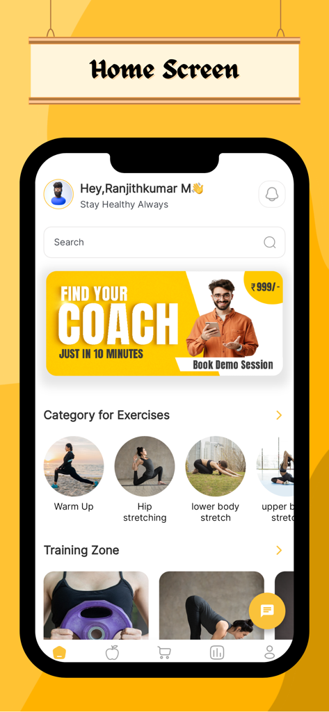 Mr Coach - Tela inicial do aplicativo Mr Coach mostrando categorias de exercícios e opções de coaching pessoal.