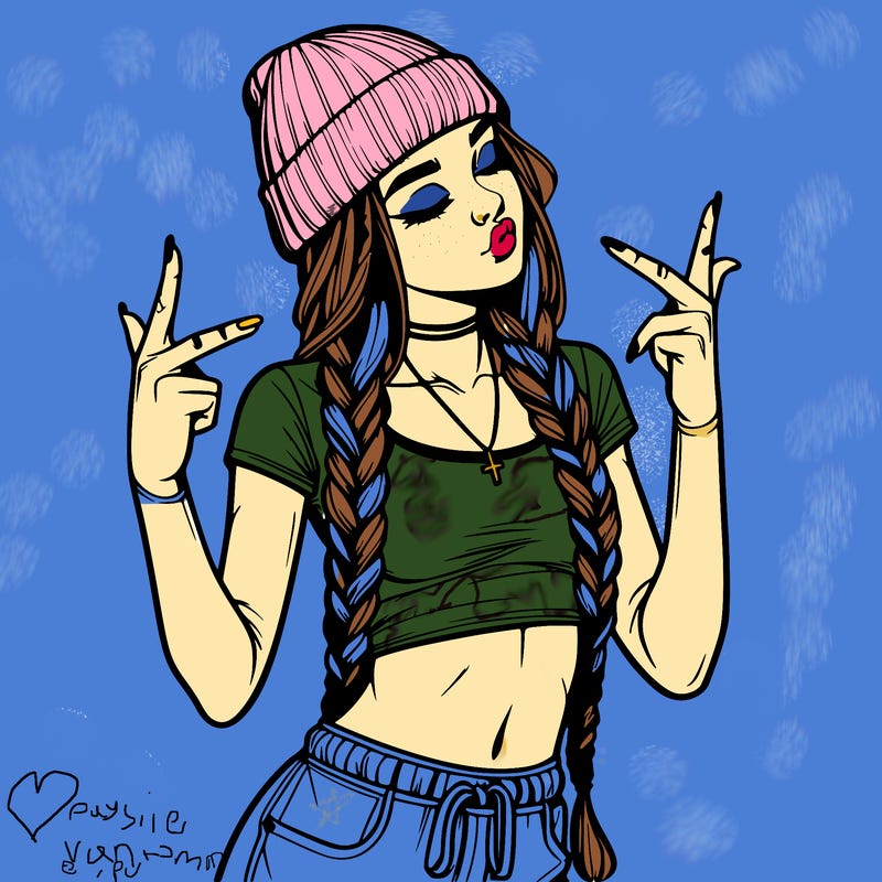 realistic teenage girl with braids and a beanie and crop top doing 🫶🏼
