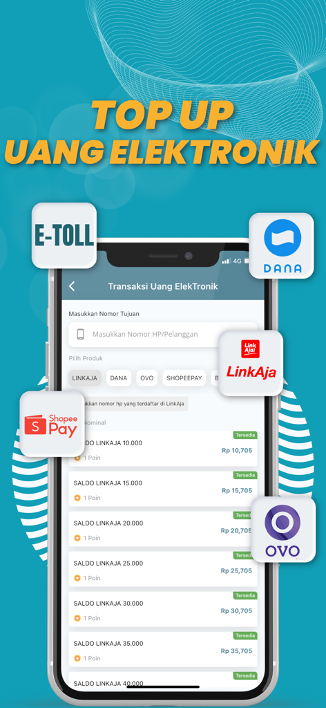 Pantalla de la aplicación Pulsabayar que muestra opciones de recarga de dinero electrónico para servicios indonesios como Dana Ovo y ShopeePay