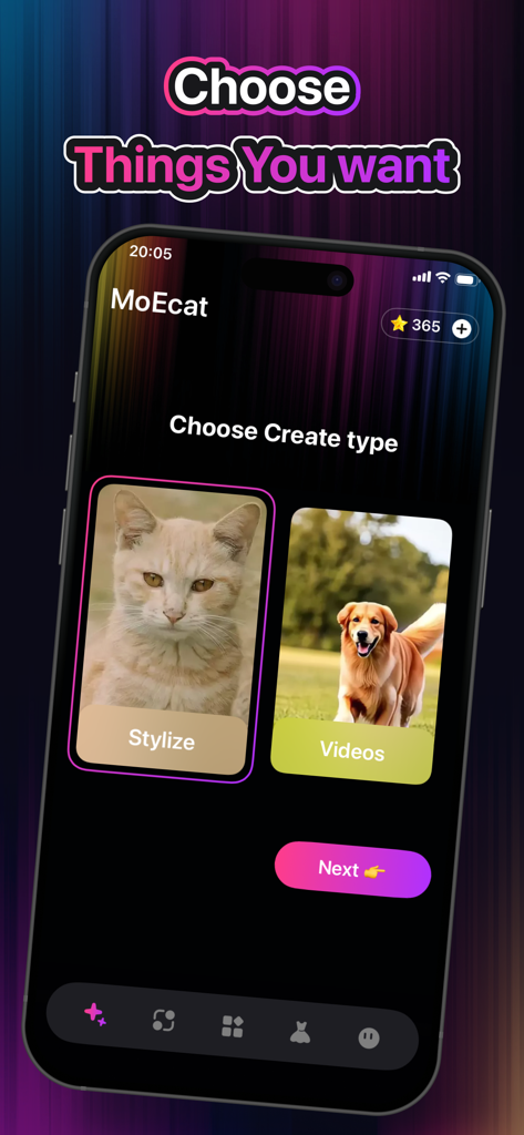 MoEcat - MoEcat app interface for choosing between stylize and video creation modes featuring a cat and a dog