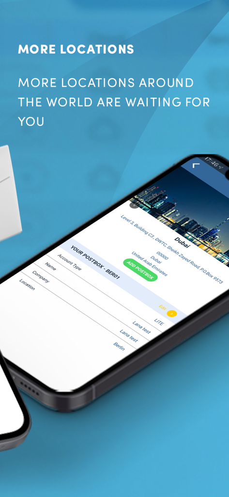 ClevverMail app interface showing worldwide digital postbox locations including a Dubai address.
