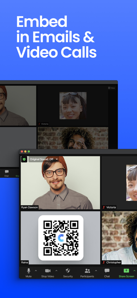 Covve - Digital Business Card - A video call screen displaying a digital business card QR code for virtual networking