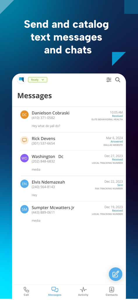 CTM Phone - CTM Phone 앱 메시지 화면 스크린샷으로 마케팅 속성 세부 정보가 포함된 고객 문자 메시지 목록 표시