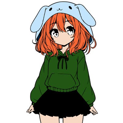 pretty anime girl wearing a fluffy hoodie with bunny ears on the hood and a skirt