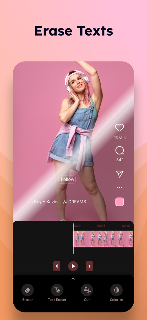CutVibe: Video Object Eraser - Interfaz de la aplicación CutVibe que demuestra la función de borrado de texto en un clip de video móvil