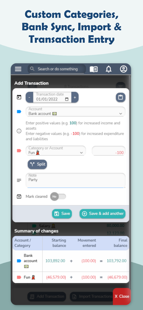 WealthPosition: Budget Track - WealthPosition app interface for manual transaction entry showing custom categories and financial balance impact summary
