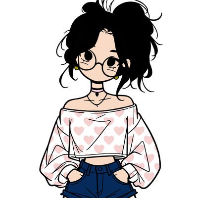 girl with a messy ponytail glasses a baggy crop top and jean shorts