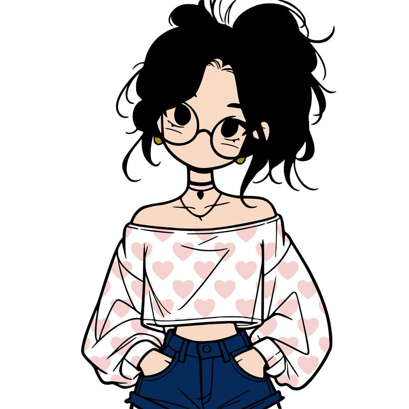 girl with a messy ponytail glasses a baggy crop top and jean shorts