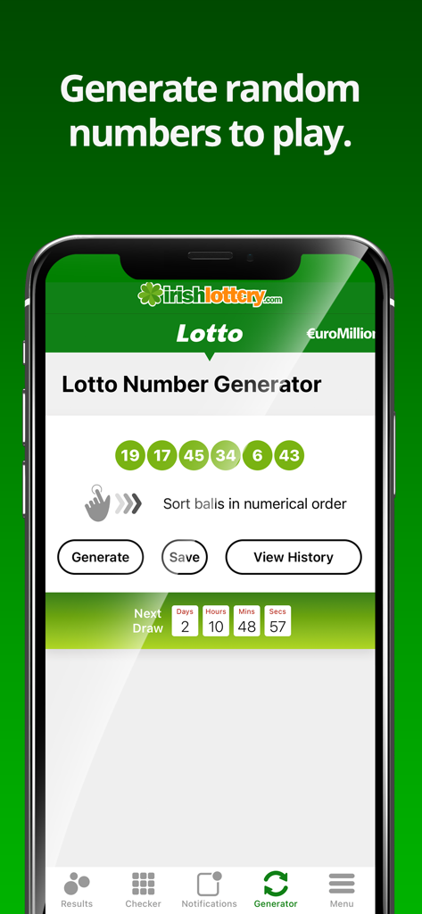 Interfaz de la aplicación Irish Lottery para generar números de lotería aleatorios