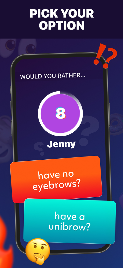 A mobile interface for the Party Up app showing a Would You Rather game with two humorous options