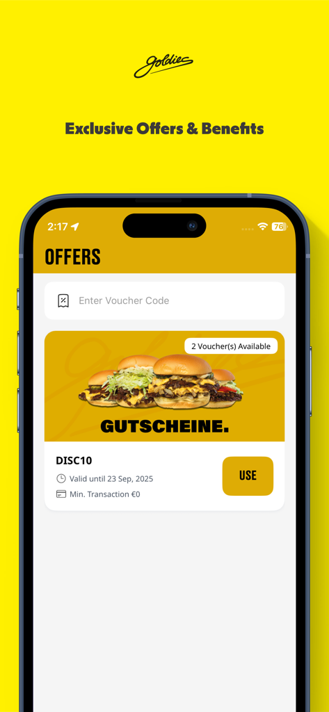 Schermata dell'app mobile per Goldies Smashburger che mostra offerte esclusive e voucher disponibili
