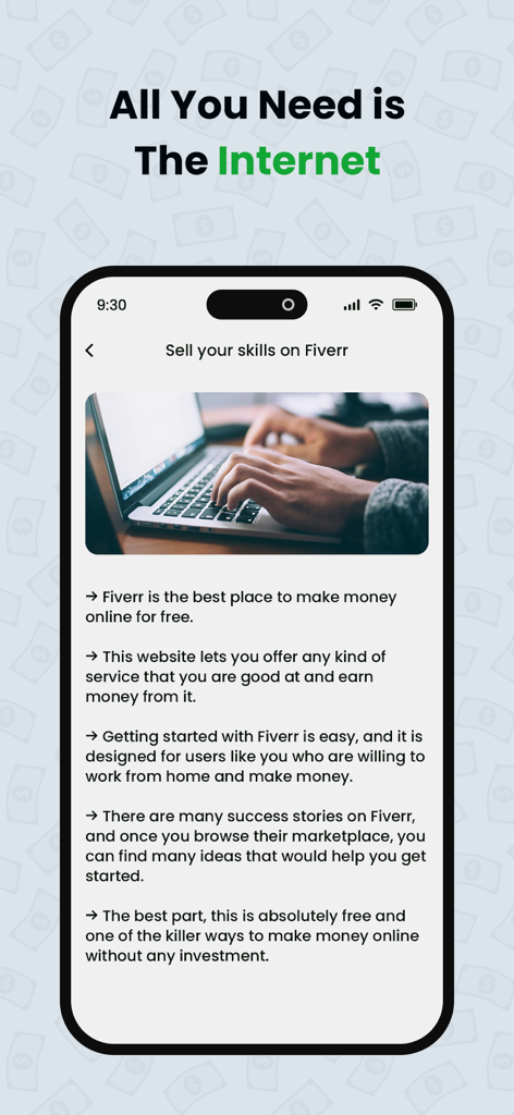 Eine mobile App-Oberfläche mit Tipps, wie man durch den Verkauf von Dienstleistungen auf Fiverr Geld verdient.
