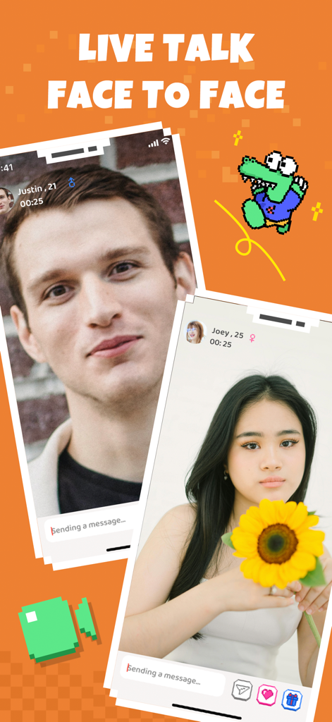 Dos jóvenes adultos participando en una videollamada en vivo cara a cara en la interfaz de la aplicación Hay.