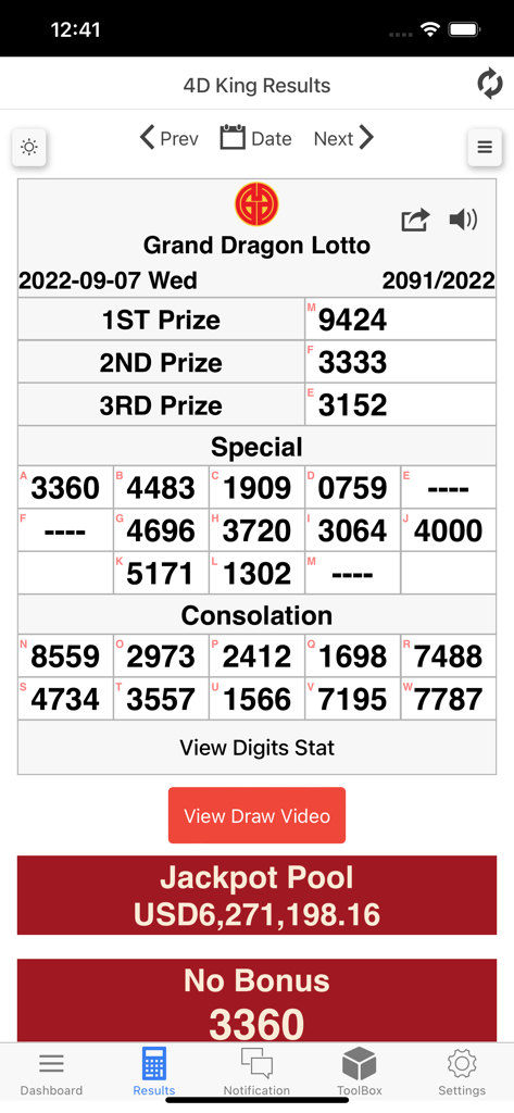 4D King app screen showing Grand Dragon Lotto results and jackpot pool