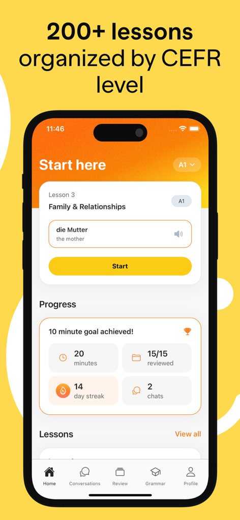 Screenshot of Uben app showing German lessons organized by CEFR level and user learning progress statistics