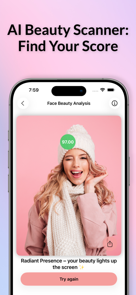 Interface of the AI Beauty Scanner showing a 97 percent beauty score for a smiling woman
