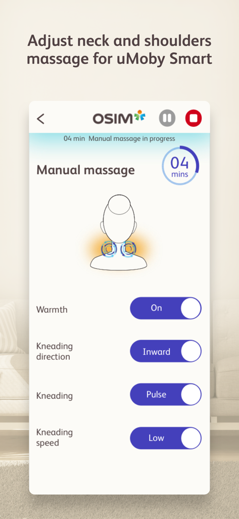 OSIM Relax and Relieve - Interface of the OSIM Relax and Relieve app showing manual neck and shoulder massage settings for the uMoby Smart device.