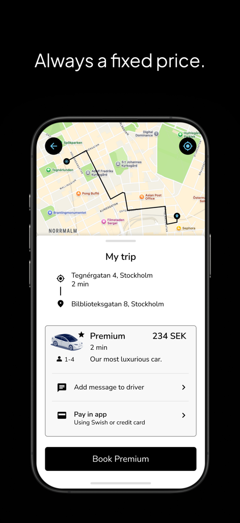 Taxi Cabonline - Interfaz de la aplicación Cabonline que muestra precios fijos para una reserva de taxi premium en Estocolmo