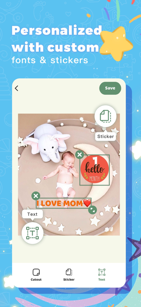 Baby AI Photo Editor LittleCam - Uma captura de tela do aplicativo editor de fotos de bebê LittleCam mostrando adesivos de marcos personalizados e opções de texto personalizadas em uma foto de bebê.