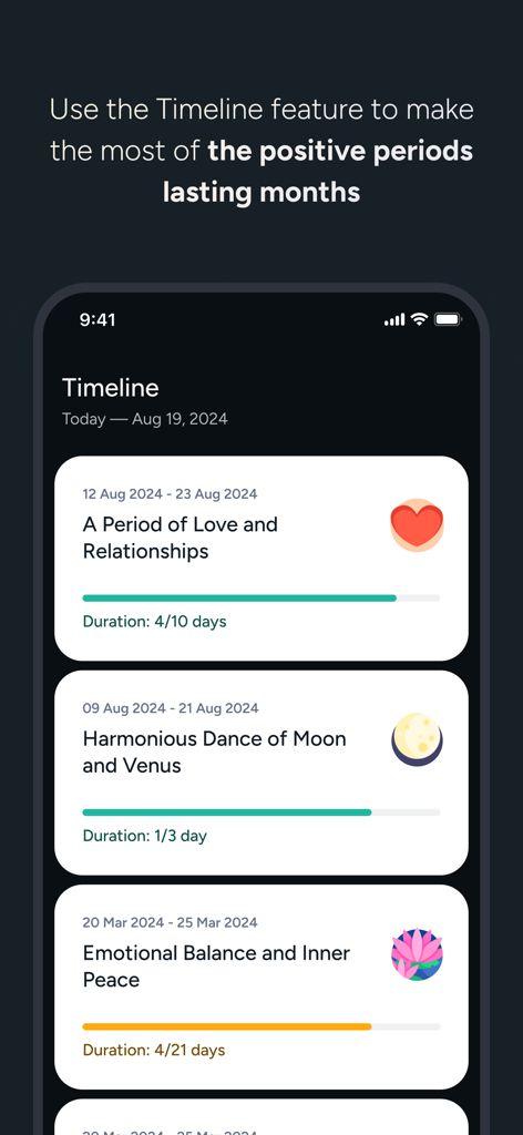 Linha do tempo do aplicativo Stellium mostrando períodos astrológicos para amor e equilíbrio emocional.