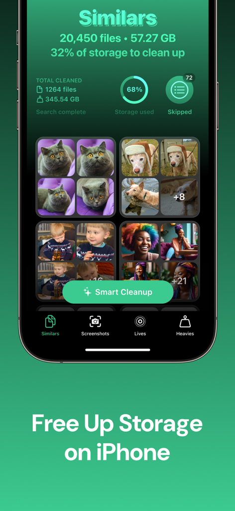 Interface de l'application Clever Cleaner montrant la détection de photos en double et la fonction de nettoyage intelligent pour libérer de l'espace de stockage sur iPhone