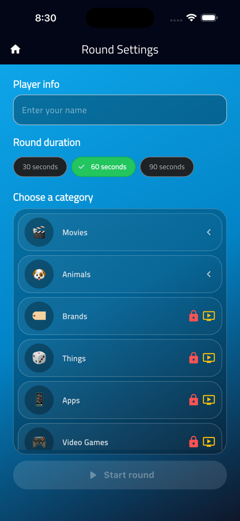 Heads Up - Charades - Round settings screen showing player info, round duration options, and a list of categories like movies and animals