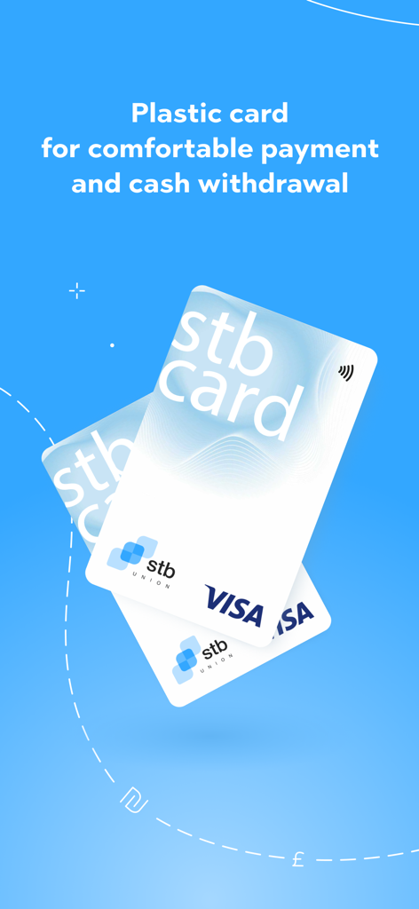 STB Union - Money transfer app - Two STB Union Visa cards displayed against a blue background with text promoting comfortable payments and cash withdrawals.