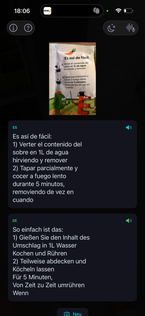 Tolki offline translator app using camera mode to translate Spanish cooking instructions on a food packet into German.