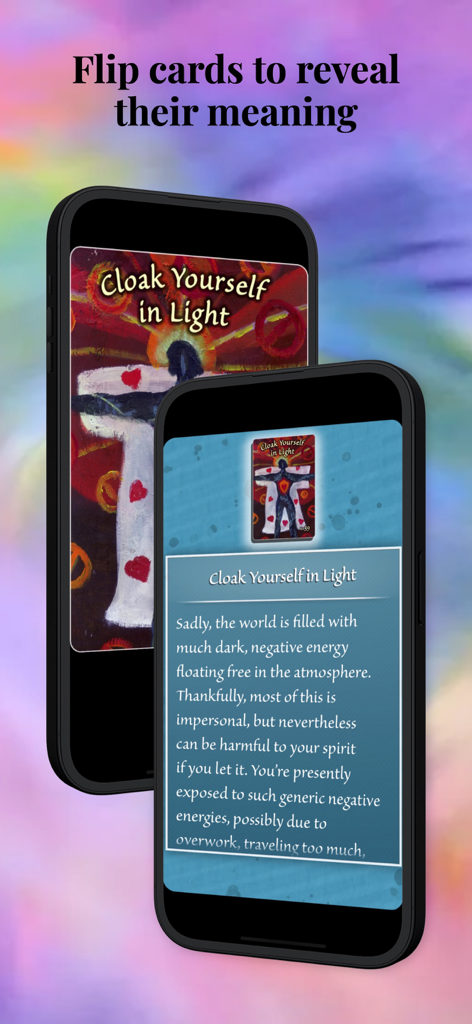 Trust Your Vibes Oracle Cards - Two smartphones showing the front and back of a Trust Your Vibes oracle card with its descriptive meaning.