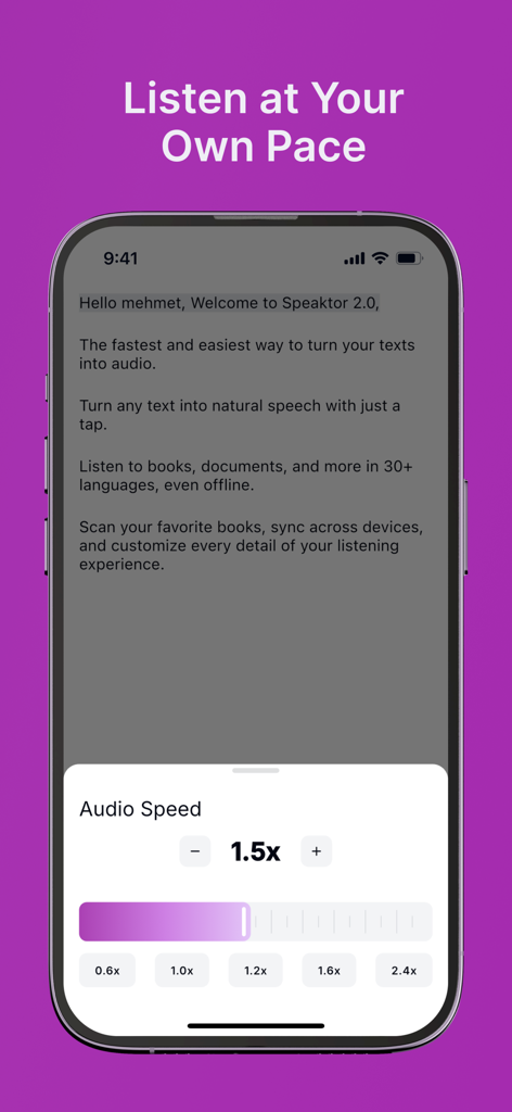 Text Reader - Text to Speech - Interfaz de la aplicación Speaktor con control de velocidad de audio ajustable en 1.5x