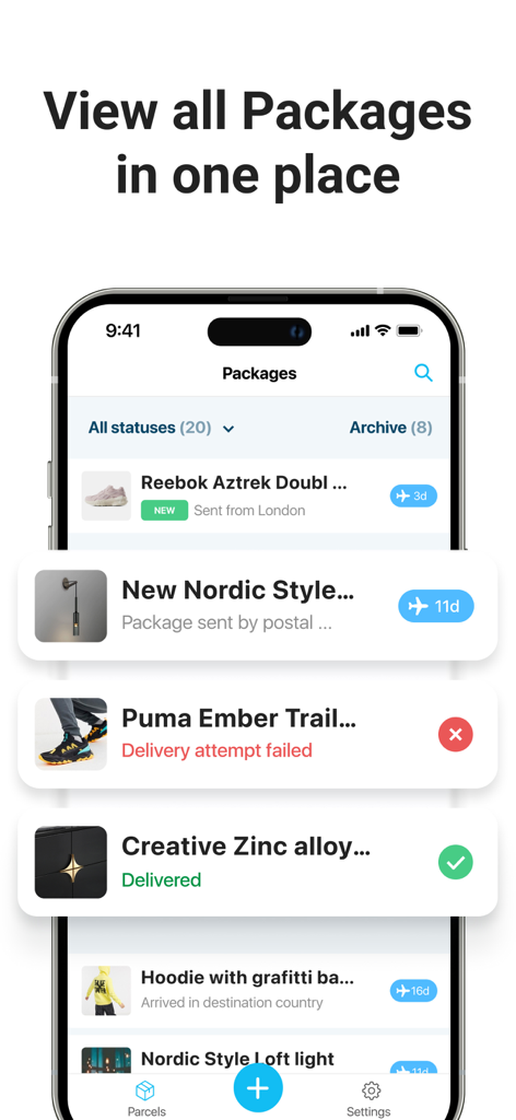 Package Tracker - pkge Mobile - Mobile app interface showing multiple packages being tracked with delivery statuses and shipping details