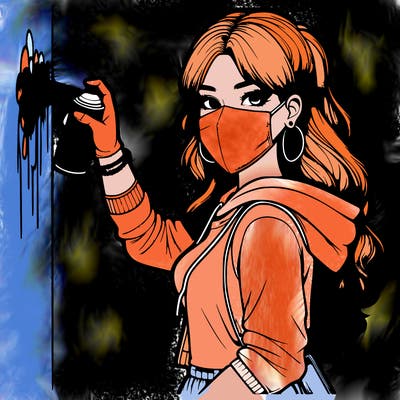 realistic girl with mask spray painting a wall