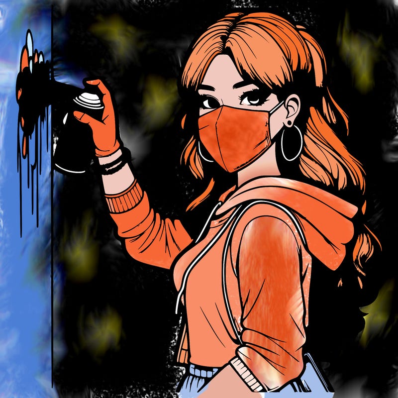 realistic girl with mask spray painting a wall