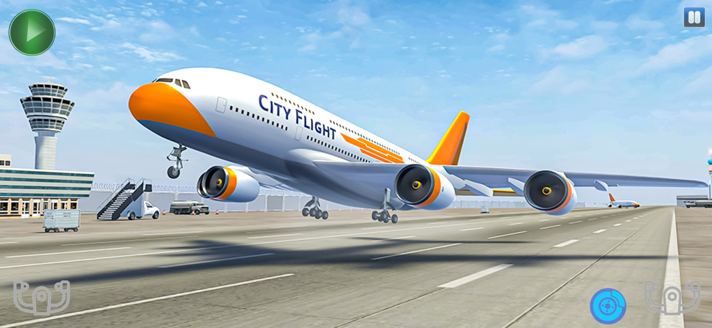 Passenger Aeroplane Fly Games - A white and orange passenger airplane taking off from an airport runway in a flight simulation game.