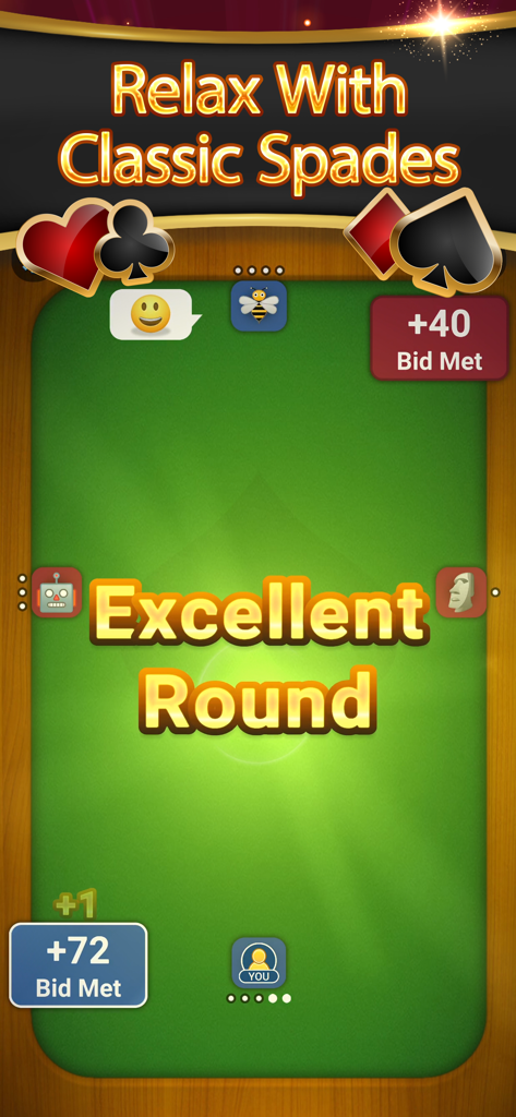 Un tablero digital de juego de cartas de espadas con el mensaje Excelente Ronda y avatares de jugadores.