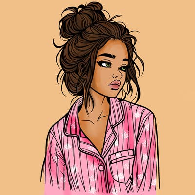 realistic woman with pajamas on and a messy bun