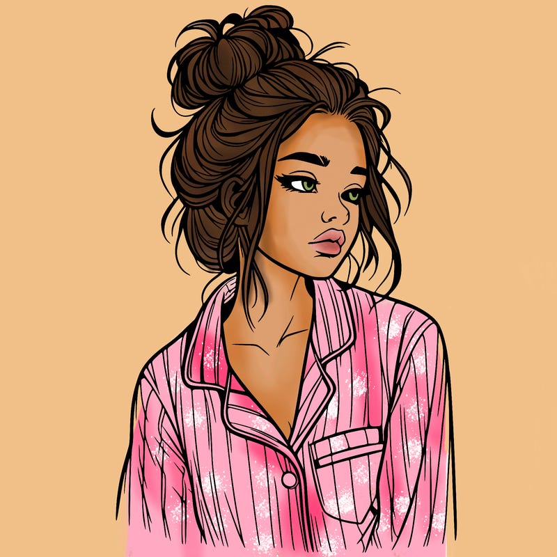 realistic woman with pajamas on and a messy bun