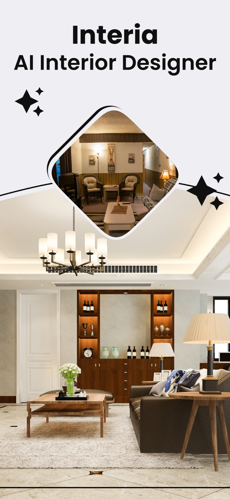 AI Interior Design - Interia - Visualização antes e depois de uma transformação de cômodo usando o aplicativo Interia AI Interior Designer.