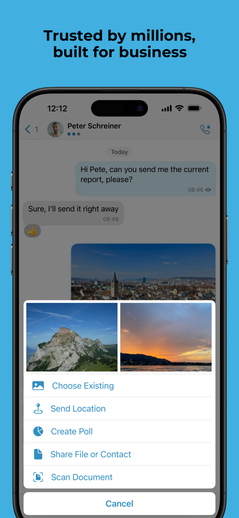 Threema Work app displaying a secure business chat and the attachment menu with professional tools