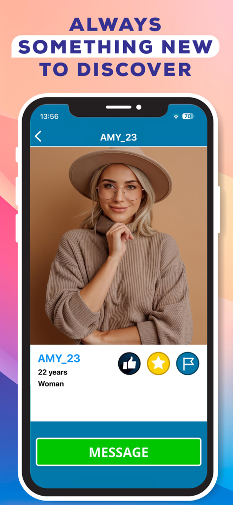 Harmonia Chat - Fall in Love - Écran de l'application mobile Harmonia Chat montrant le profil d'une femme nommée Amy avec un bouton de message bien visible.
