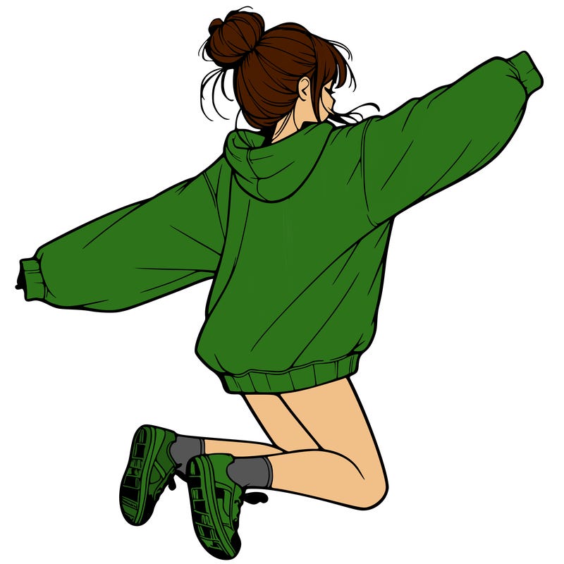 realistic girl jumping with a bun and oversized sweatshirt